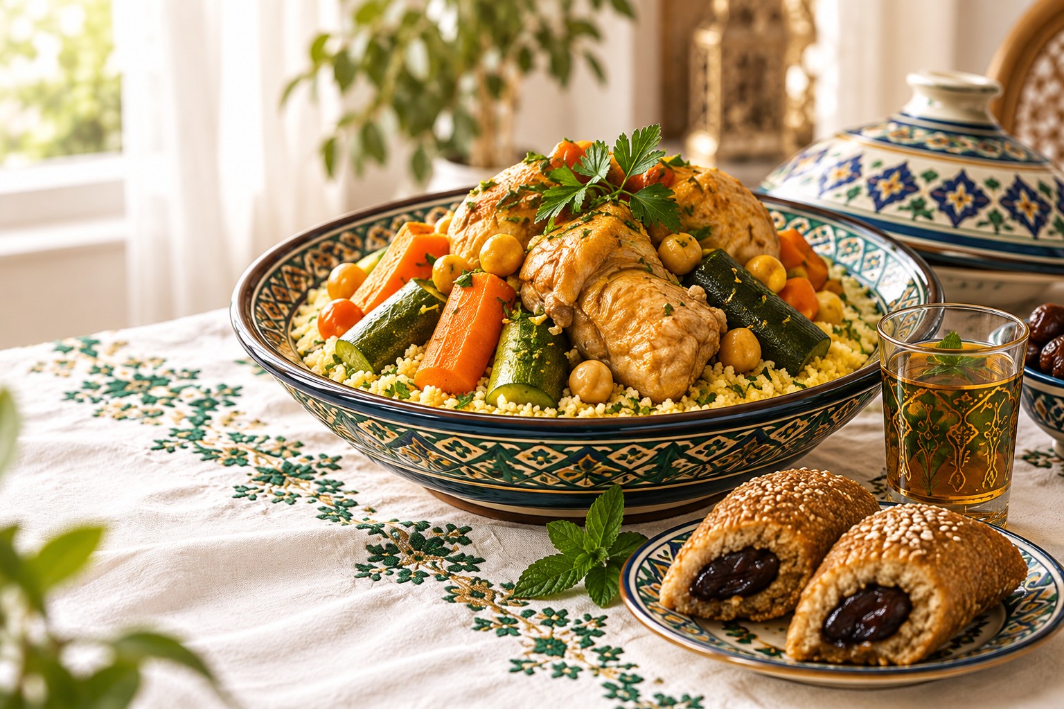 Algerian couscous with chicken, vegetables and mint tea